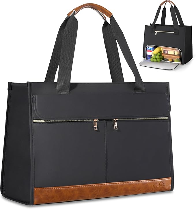 Bolsa de almuerzo para mujer, bolsa de trabajo para laptop de 15.6 pulgadas con compartimento aislado para el almuerzo, bolsa acolchada de gran capacidad para computadora, lonchera a prueba de fugas para mujeres adultas, color negro