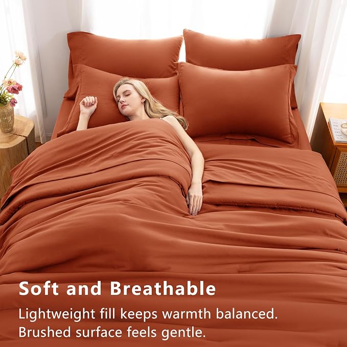 Juego de Edredón Queen Color Naranja Quemado, 7 Piezas Bed in a Bag Tamaño Queen con Sábanas, Juegos de Cama Color Terracota con Edredón de Alternativa al Plumón, Sábanas, Fundas Decorativas