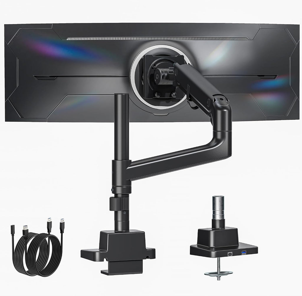 Brazo para monitor individual de alta resistencia monTEK para pantallas ultraanchas de 17 a 57 pulgadas, hasta 27 kg, soporte ajustable de doble curvatura con resorte de gas para escritorio, montaje VESA de 75/100 mm con USB. Negro.