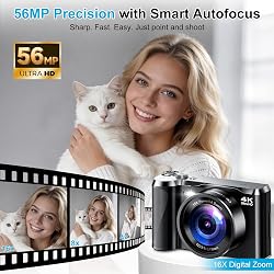 Cámara Digital 4K para Fotografía y Viajes – Video 56MP, Enfoque Automático, Pantalla Plegable, Zoom 16X, Tarjeta 32GB Incluida