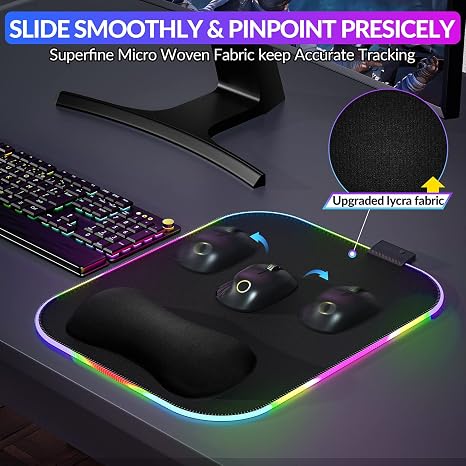 Mouse Pad Gimars RGB XL con Soporte de Muñeca | 12x10 in | 10 Modos LED | Base Antideslizante | Gaming y Oficina