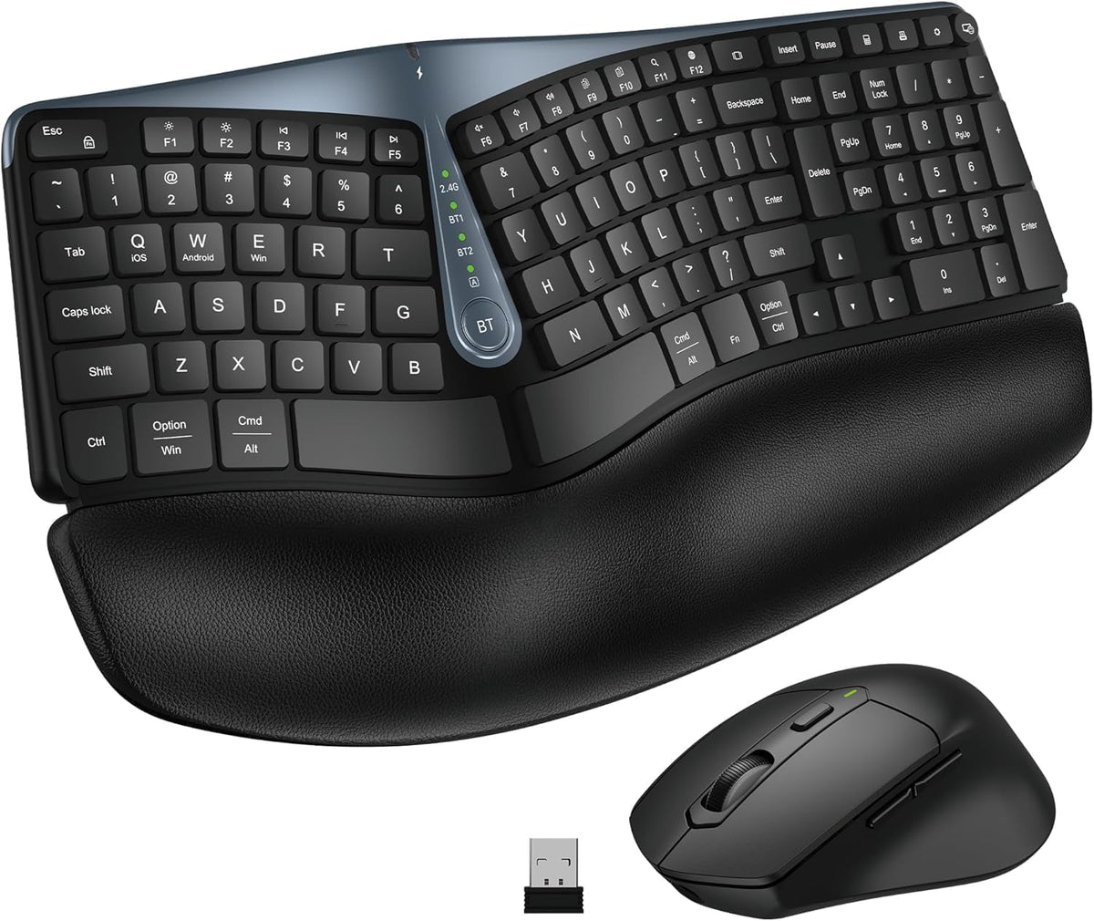 NOTA SOLO CONTIENE EL TECLADO MOUSE CABLE UBS Combo de Teclado y Mouse Ergonómico Inalámbrico | MK835 Wave Keys | Bluetooth/2.4G | Diseño Dividido | Descansa Palmas Acolchado | Multidispositivo | Recargable