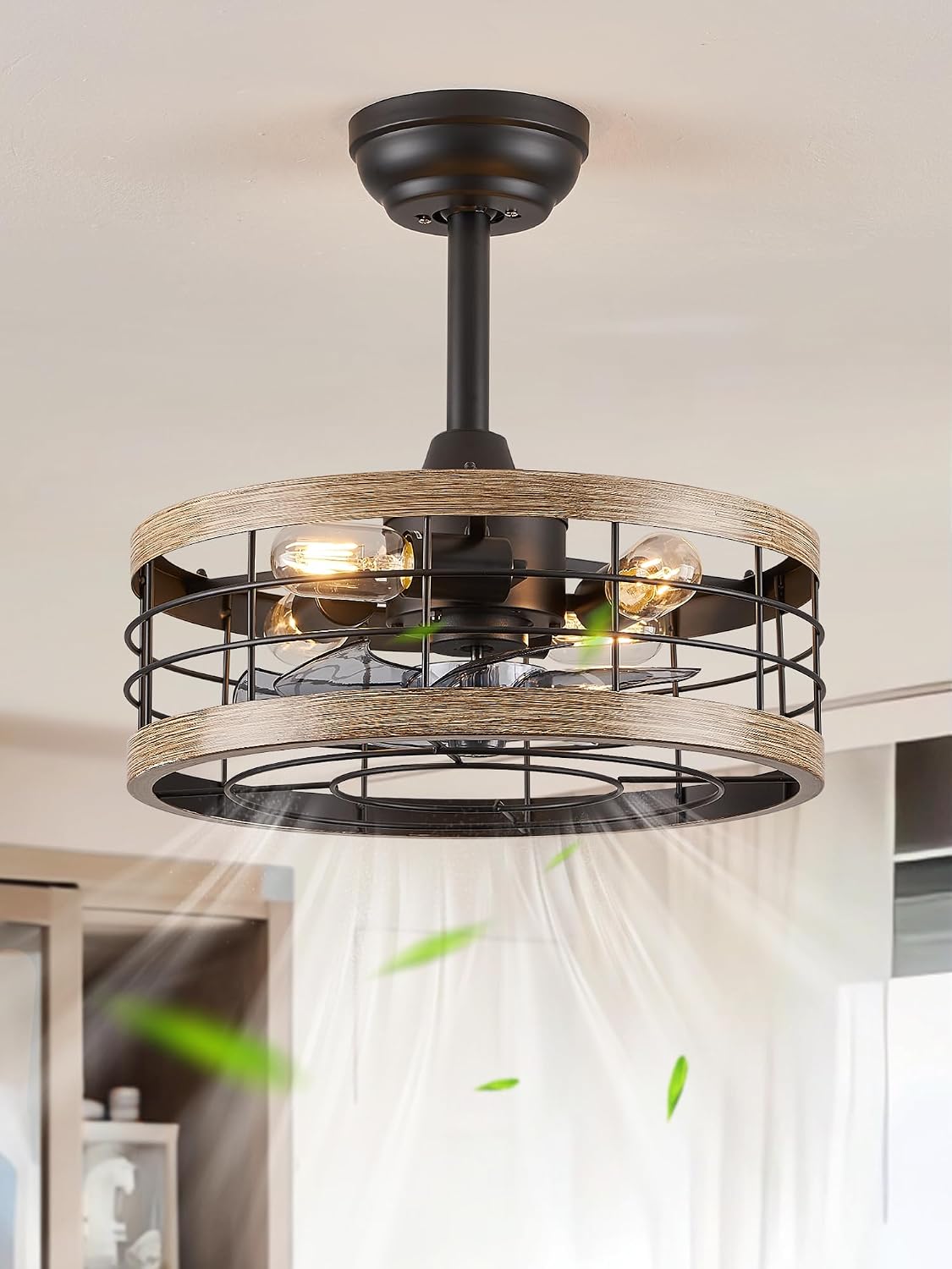 Ventilador de Techo LEDIARY 16.5" con Luz | Fandelier Industrial con Control Remoto | Metal Rústico | Bajo Perfil para Cocina, Farmhouse y Recámara