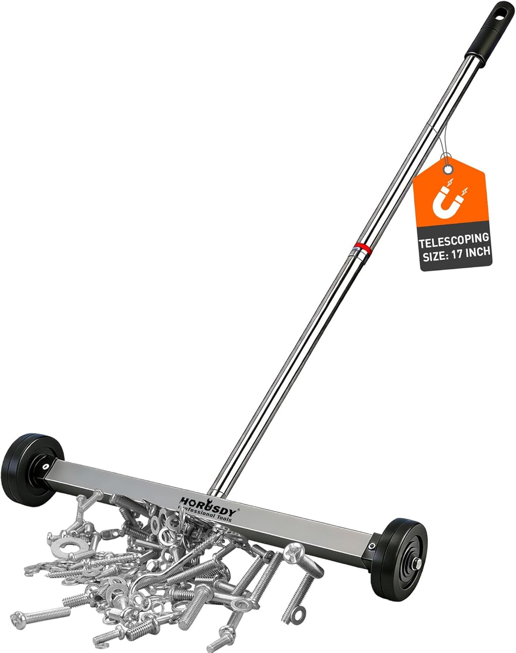 USADO  HORUSDY Barredor Magnetico Rodante de 17 Pulgadas con Ruedas | Mango Ajustable | Capacidad 8.8 Libras, Iman de Alto Rendimiento para Recoger Clavos