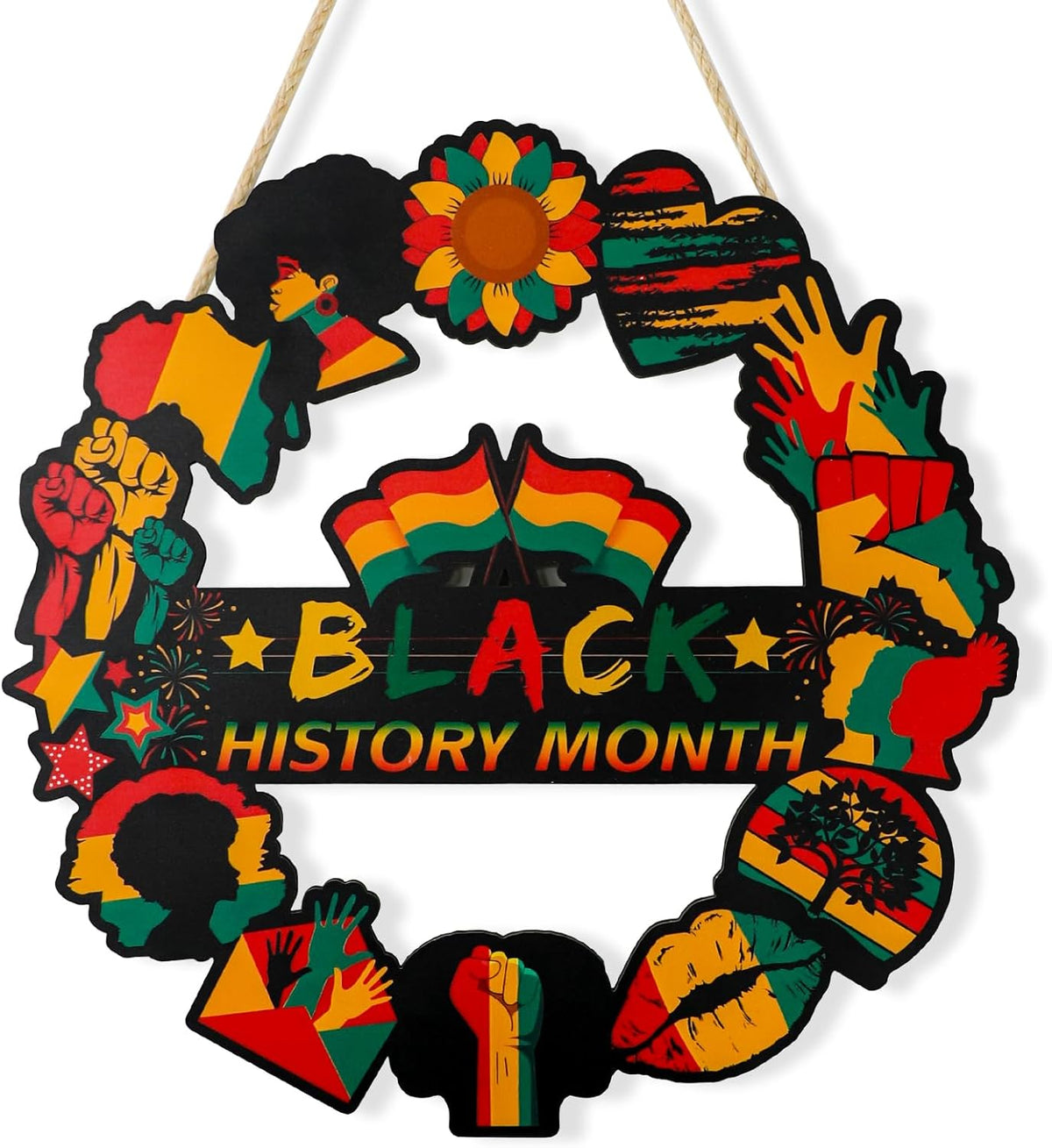 Decoración de Puerta Black History Month — Corona de Madera con Letrero Colgante Afroamericano
