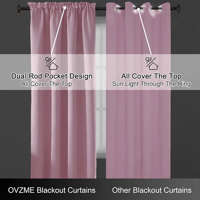 Cortinas Opacas OWENIE Sally para Dormitorio, Largo 63 Pulgadas, Juego de 2 Paneles, Aislamiento Térmico Sólido para Oscurecer la Habitación con Bolsillo para Varilla, Ancho 40 x Largo 63 Pulgadas, Rosa