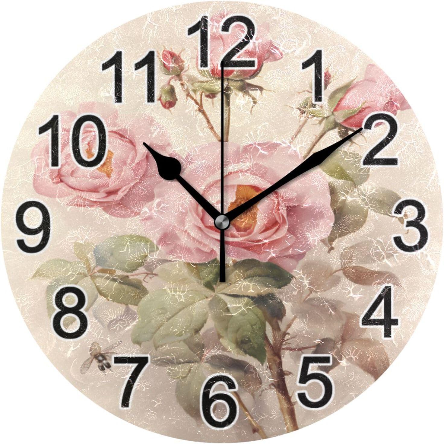 BOENLE Vintage Rose Wall Clock Non Ticking Silent Kitchen Clock Large Decorative Battery Operated Clocks 10 inch for Living Room Bedroom Decor