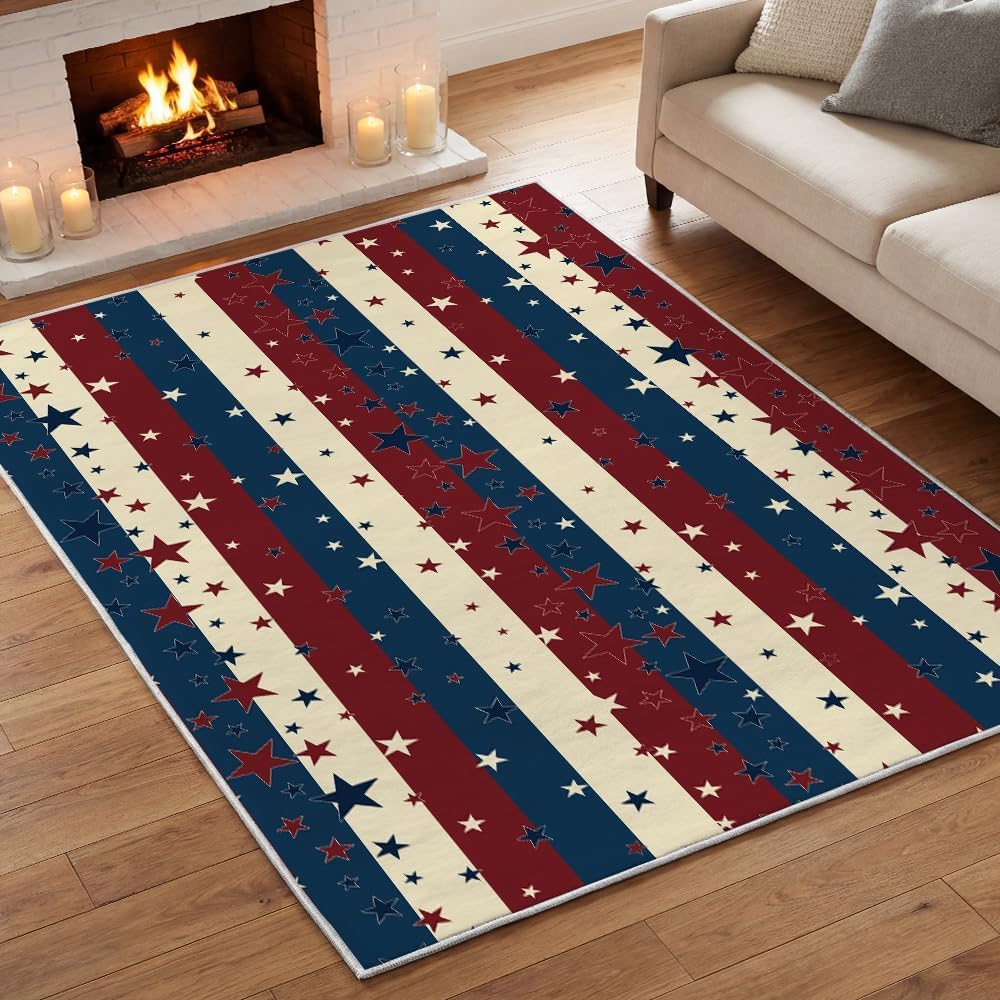 Alfombra Artoid Mode America Stripes Stars para el Día de los Caídos, decoración patriótica del 4 de julio, alfombra lavable de perfil bajo para dormitorio, lavadero, comedor, habitación infantil, interior, 152 x 213 cm (5 x 7 pies)
