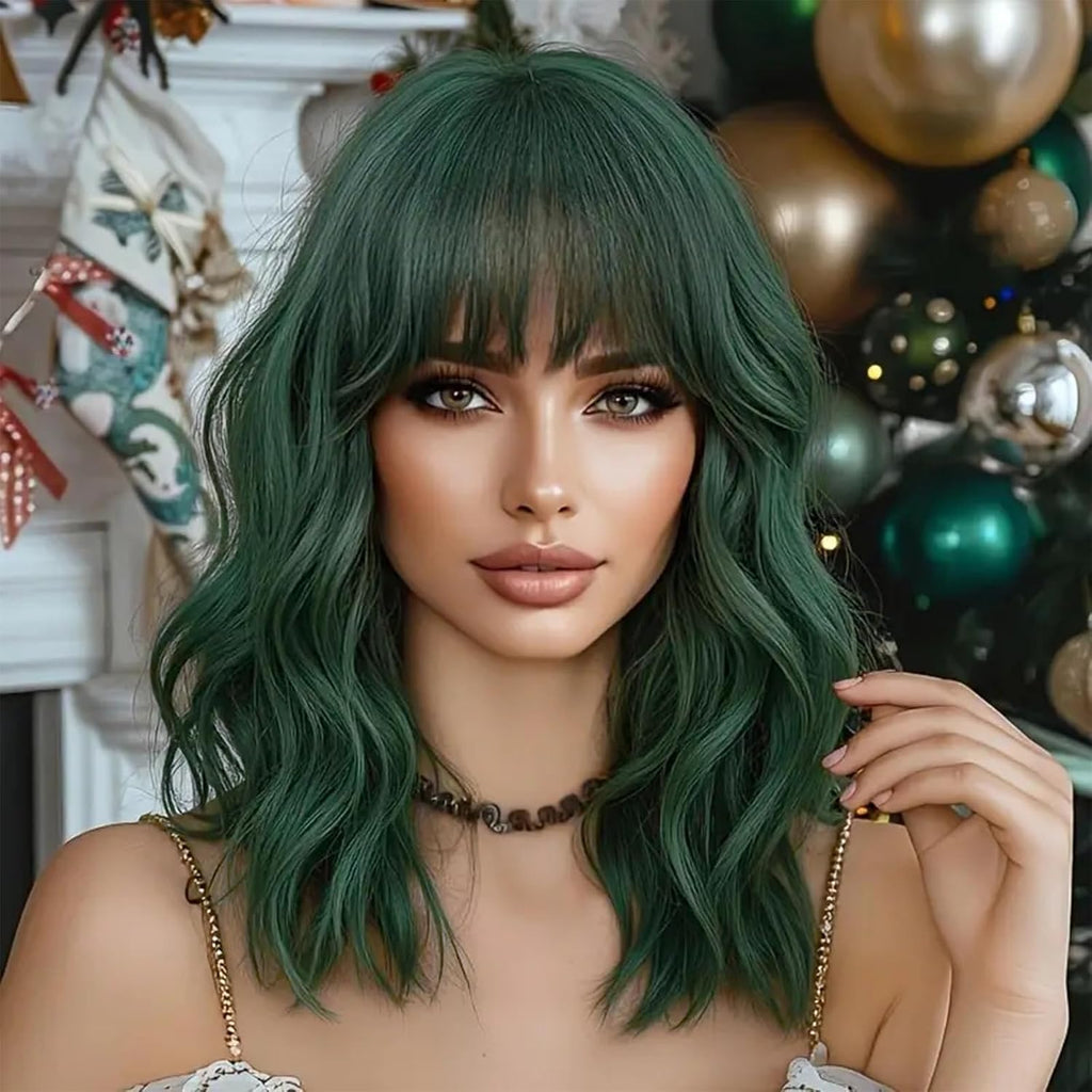NAYOO Peluca Verde Oscuro con Flequillo | 14 Pulgadas Estilo Bob | Largo a los Hombros | Peluca Corta Verde para Uso Diario o Fiestas