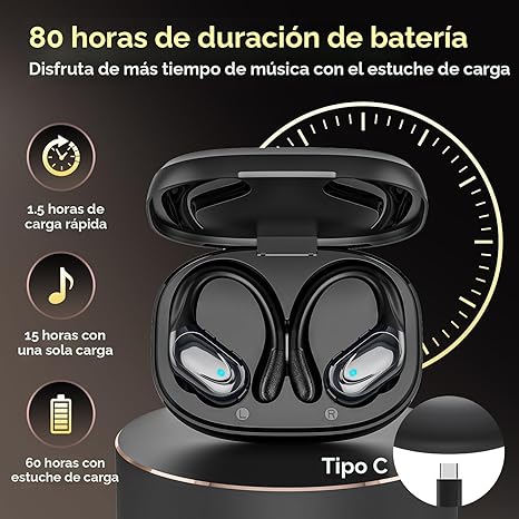 HAOYUYAN, Bluetooth Headphones, Ear Buds with 80hr Playtime, LED Power Display, Noise Canceling, LED Power Display, IPX7 Waterproof Earphones Light Black