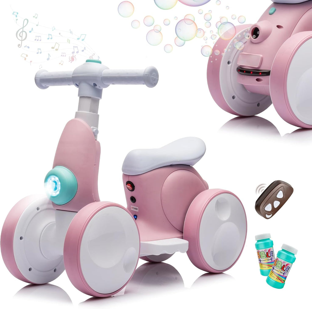 Bicicleta de Equilibrio Eléctrica JoyRydz 6V 4en1 – Máquina de Burbujas, Control Remoto, Música y Luces LED para Niños 1 Año, Rosa