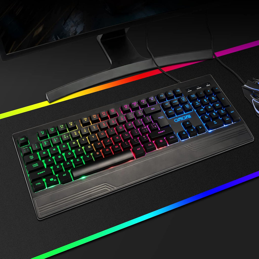 Teclado RGB para juegos, teclado de juego retroiluminado con teclas LED de arcoíris, teclado de juego USB cableado económico con reposa muñecas, teclado completo retroiluminado RGB para PC Xbox PS4