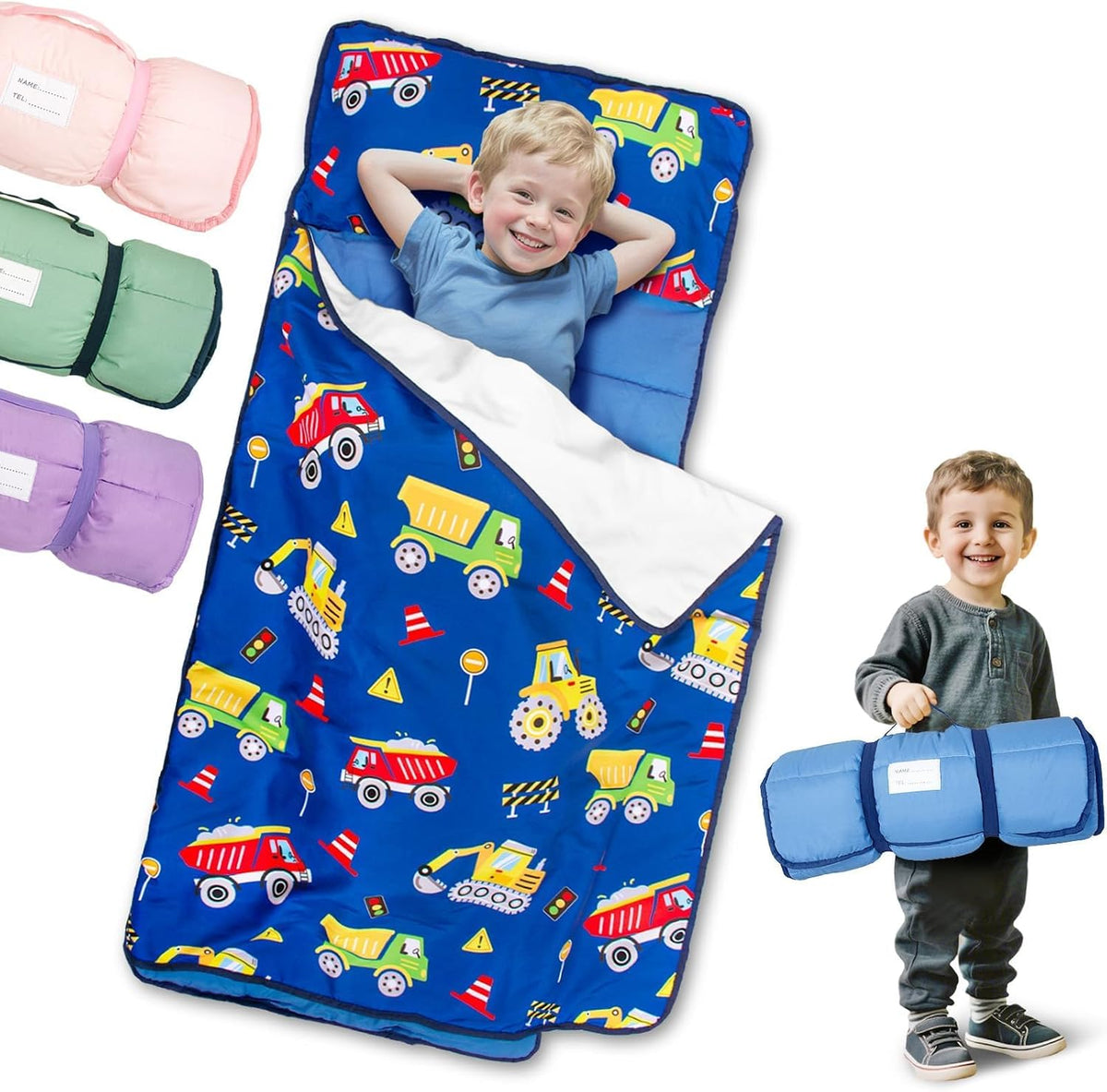 Colchoneta para siesta Primlect para niños pequeños, diseño enrollable portátil, perfecta para guarderías y viajes, saco de dormir todo en uno de 51" x 31" con almohada extraíble y manta polar para niños y niñas, lavable a máquina.