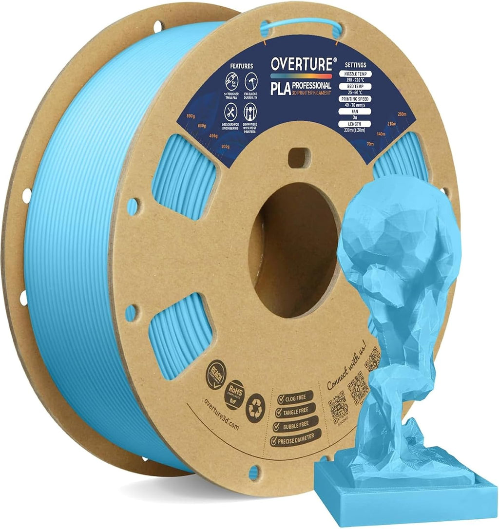 Filamento OVERTURE PLA Plus (PLA+) de 1,75 mm, más resistente y duradero, filamento profesional para impresoras 3D de 1 kg (2,2 lb), alta precisión +/- 0,02 mm, sin enredos (azul claro).
