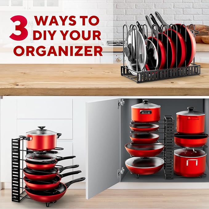 Organizador de ollas y sartenes debajo del gabinete, organizador de sartenes ajustable de 8 niveles para gabinete, organizador de ollas y sartenes resistente, perfecto para almacenar ollas, sartenes, tapas, fácil organización y almacenamiento de la cocina