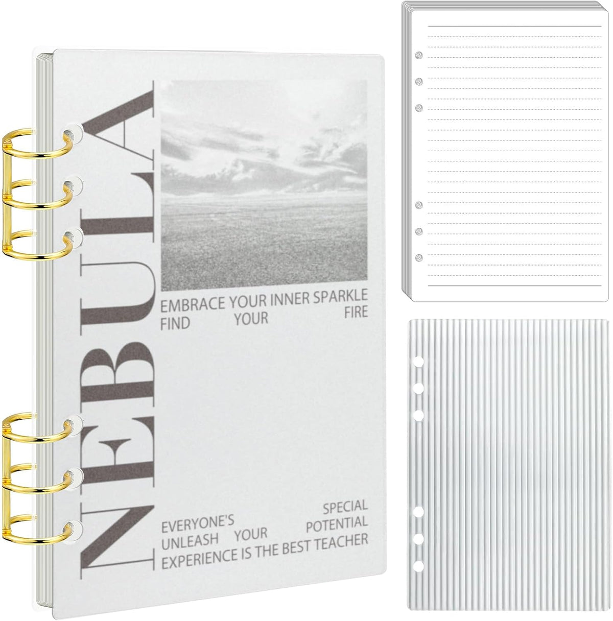 Carpeta acrílica Maitys A5 de 6 anillas, cubierta para agenda con franja transparente esmerilada, cubierta para cuaderno de acrílico transparente con 48 hojas de papel rayado, anillas redondas de metal dorado, carpetas para agenda A5 y presupuesto.