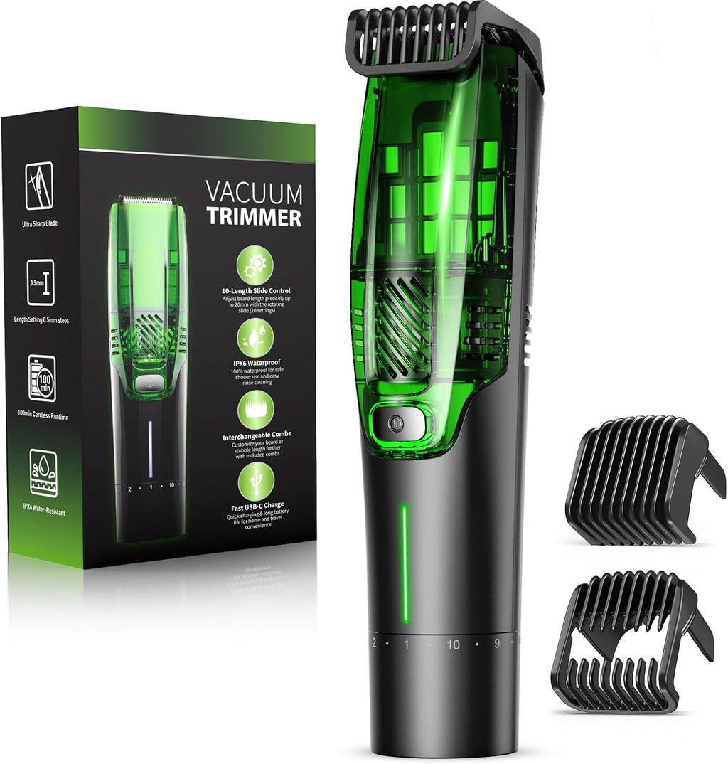 (USADA) Recortadora de Barba Todo en Uno con Aspiradora para Hombre | Dial de Precision, 20 Ajustes de Largo | Peine Guia, Recarga USB-C | Sumergible Uso Humedo/Seco