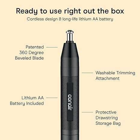 Recortador de Vello Nasal ConairMan para Hombre – Nariz, Oídos y Cejas, Cuchilla 360° Sin Jalar, Inalámbrico con Bolsa