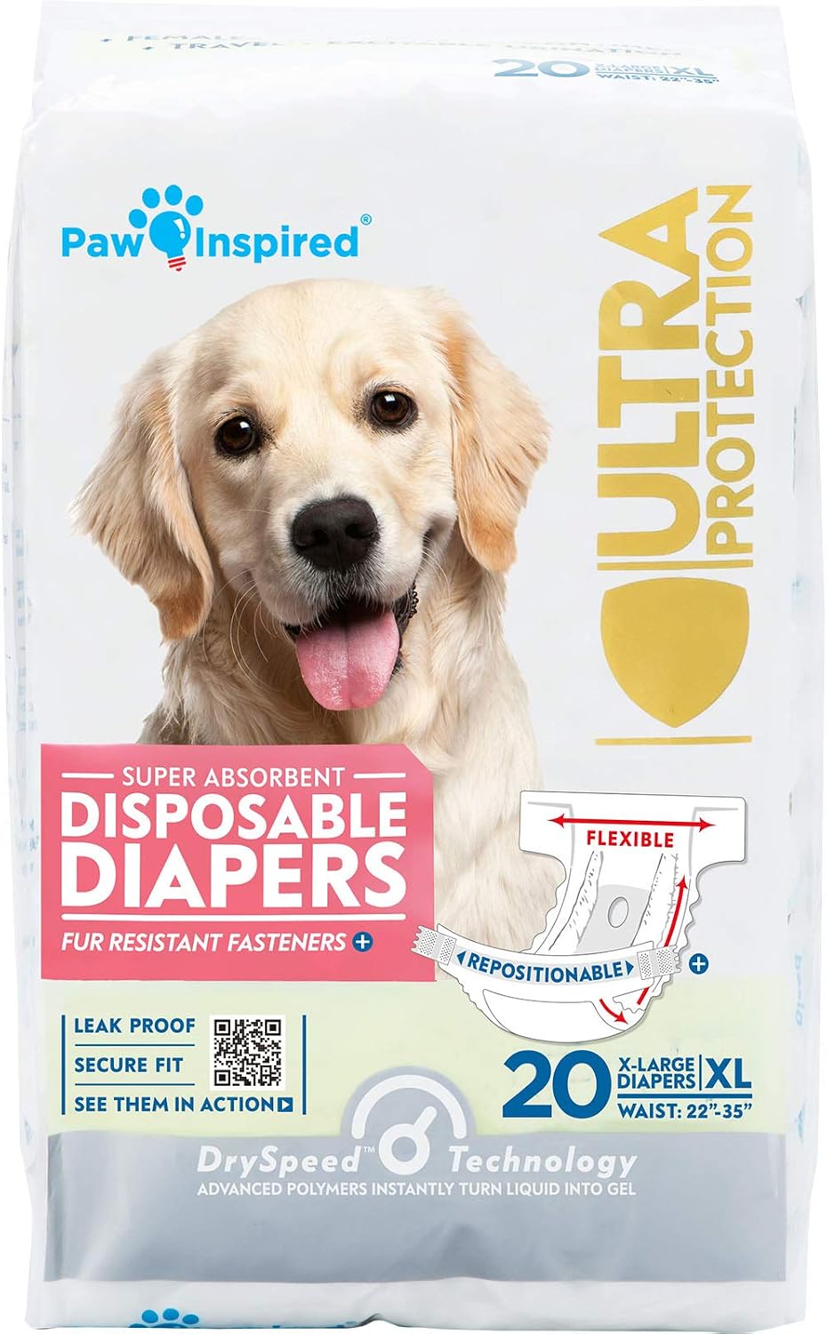 Pañales desechables para perras Paw Inspired, 20 unidades | Pañales para perras de ultra protección | Pañales para perras en celo, con micción incontrolable o incontinencia (Talla extragrande)