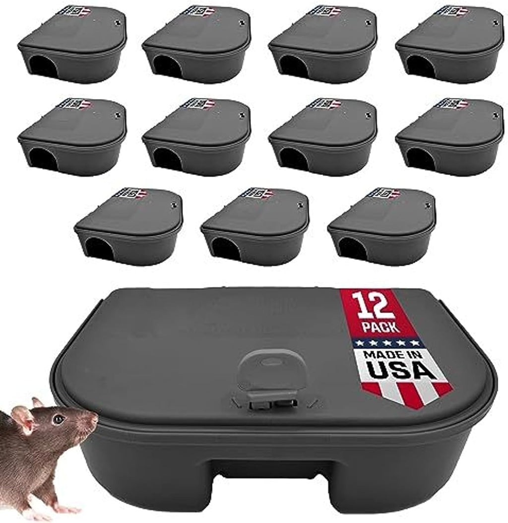 Exterminators Choice Compact Mouse Bait Station - Heavy-Duty Outdoor Rat Bait Box - Lockable Design with Key - Versatile Indoor & Outdoor Use - Pack of 12, Black, 4.75in x 3.5in x 1.25in