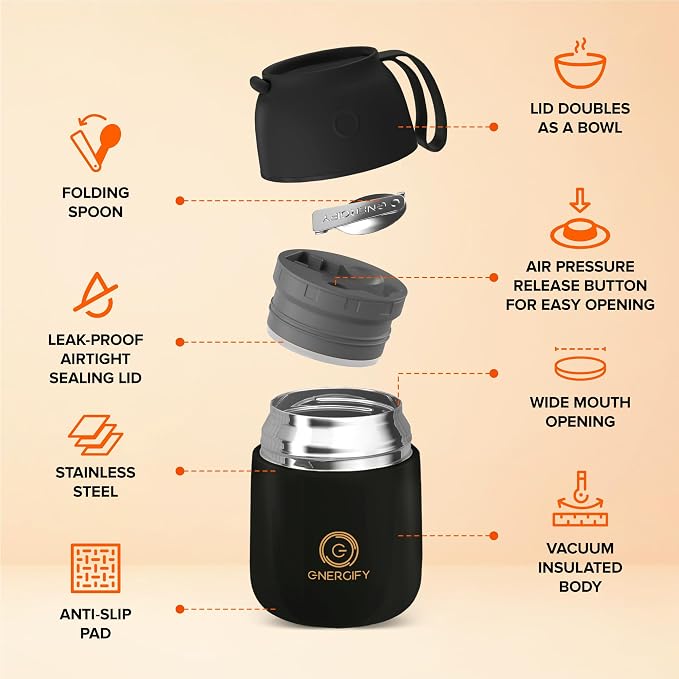 ENERGIFY Tarro de comida aislado al vacío. Tazón grande de 17 onzas con cuchara plegable, taza. Boca ancha para mantener bebidas calientes y frías, recipiente de almuerzo de sopa para adultos. Acero inoxidable sin BPA, a prueba de fugas, negro mate