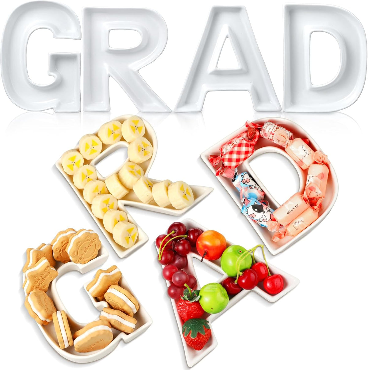 SiliFine 4 piezas de tablas de charcutería con letras de graduación 2026, letras de cerámica rellenables, caja pequeña blanca reutilizable con alfabeto, bandeja para servir comida, ideal para dulces, regalo de graduación y decoración para fiestas de