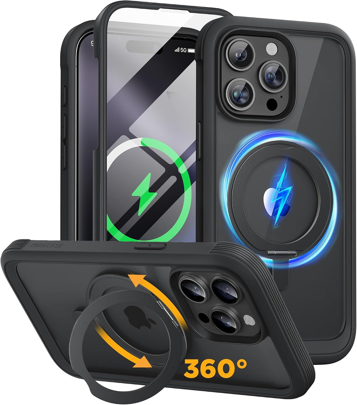 Funda Miracase para iPhone 15 Pro Max con soporte magnético de anillo de 360° [Compatible con MagSafe] Funda protectora integral a prueba de caídas con protector de pantalla de vidrio templado 9H integrado, color negro.