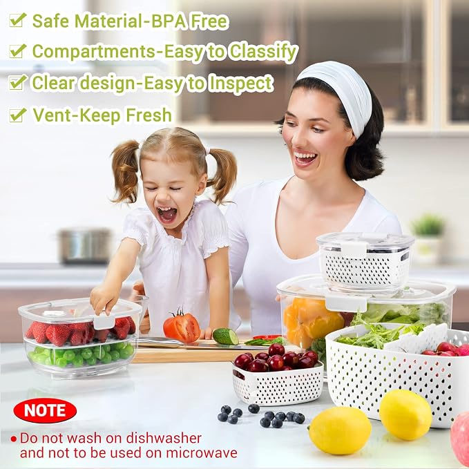 LUXEAR Recipientes de almacenamiento de frutas y verduras de productos frescos, juego de 3 piezas, sin BPA, contenedor de ensalada dividido, organizadores de refrigerador, utilizado para almacenar frutas y verduras, color blanco