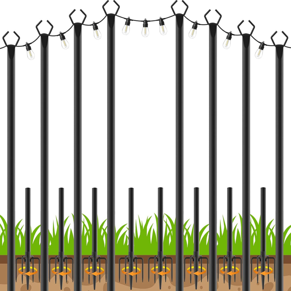 LETIANPAI Paquete de 8 postes para guirnaldas de luces, postes de metal de 3 metros con horquilla para guirnaldas de luces exteriores, postes de luz para exteriores con horquilla, postes/soportes para exteriores