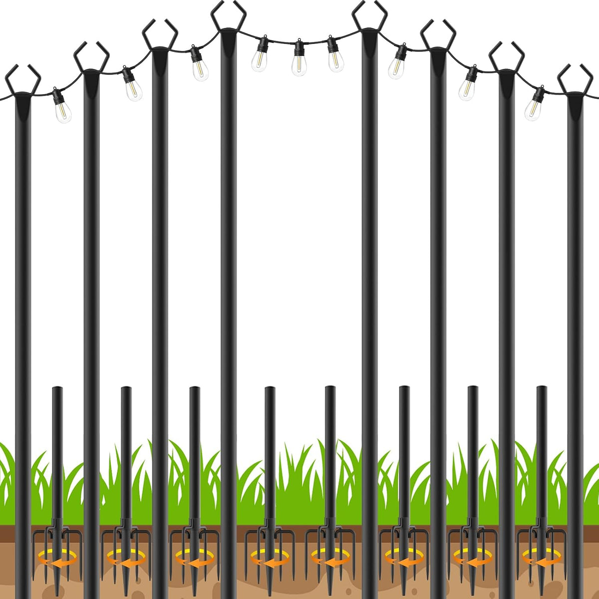 LETIANPAI Paquete de 8 postes para guirnaldas de luces, postes de metal de 3 metros con horquilla para guirnaldas de luces exteriores, postes de luz para exteriores con horquilla, postes/soportes para exteriores