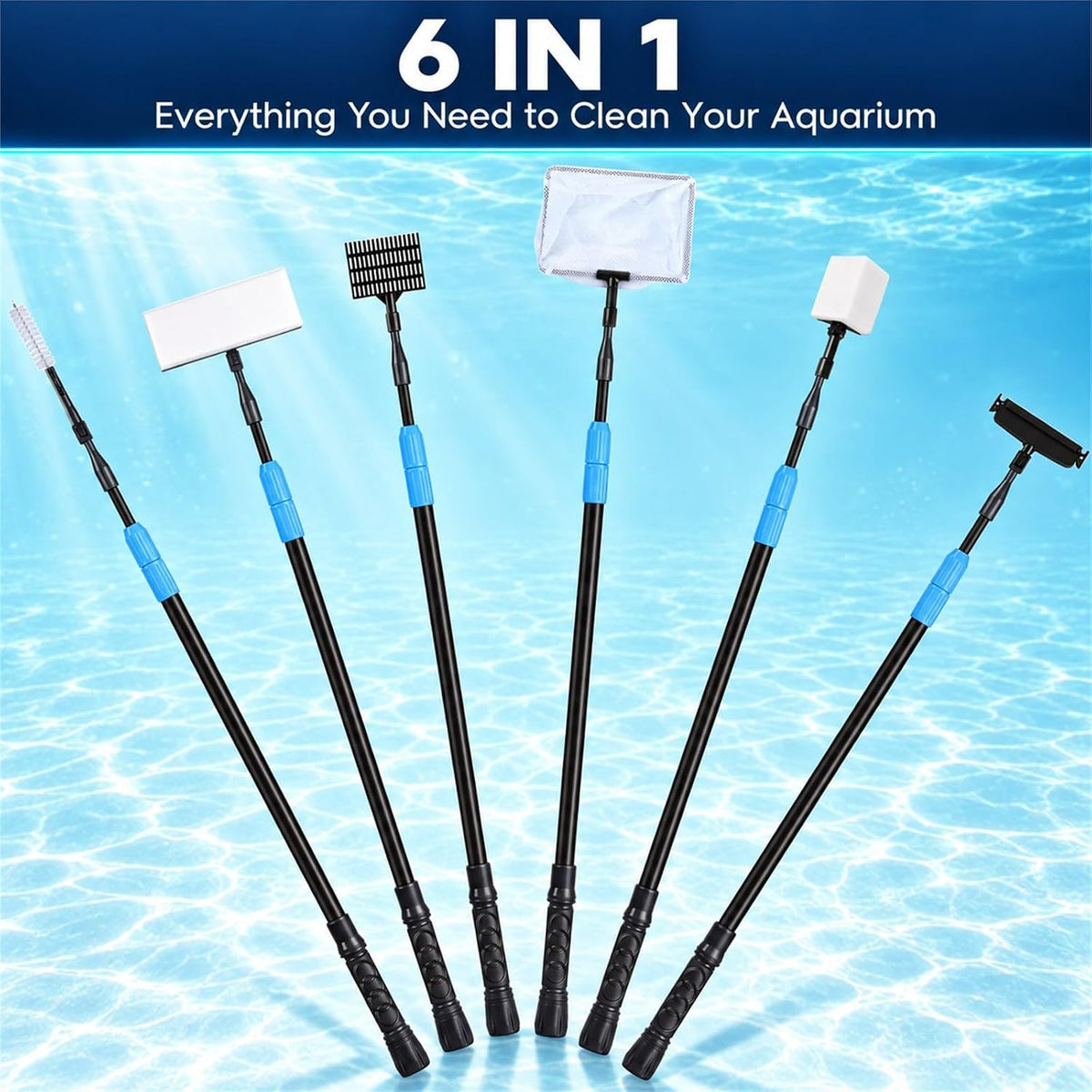 AquaMiracle Kit de herramientas de limpieza de acuario 6 en 1, kit de limpieza de peceras para tanque de 20 a 160 galones con mango largo telescópico, raspador de algas, almohadillas de fregado, limpiador de tubos, red de pescado, rastrillo de grava
