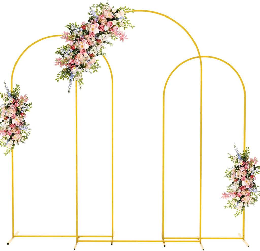Juego de 3 soportes de arco metálico Fomcet para bodas, color dorado, de 2,2 m, 2 m y 1,8 m. Estructura arqueada para fiestas de cumpleaños, baby showers y ceremonias de graduación.