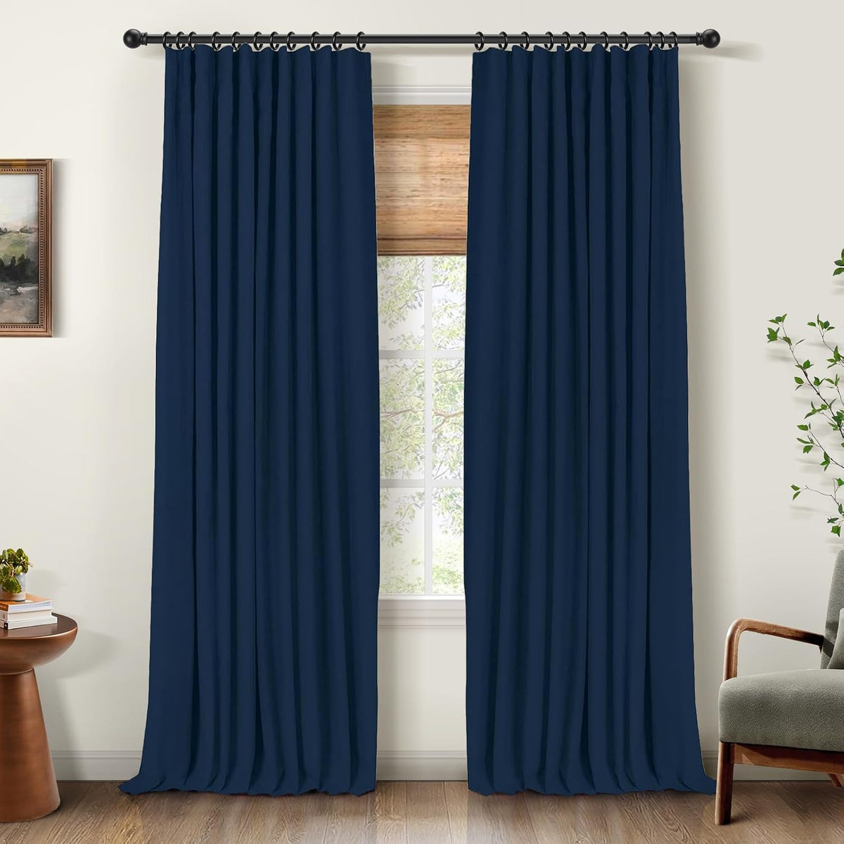 Cortinas opacas INOVADAY 100% para dormitorio, 244 cm de largo, con anillas de clip, de lino, opacas, con aislamiento térmico para oscurecer la habitación del salón, 2 paneles - Azul medianoche, 127 x 244 cm