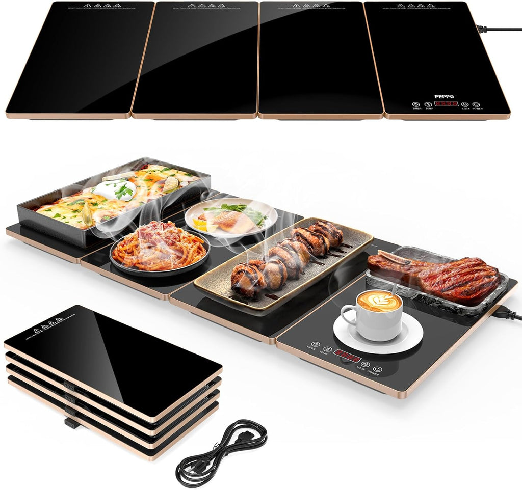 FEPPO Bandeja de calentamiento eléctrica, calentadores de alimentos 4 en 1 para fiestas, buffet con 10 ajustes de temperatura