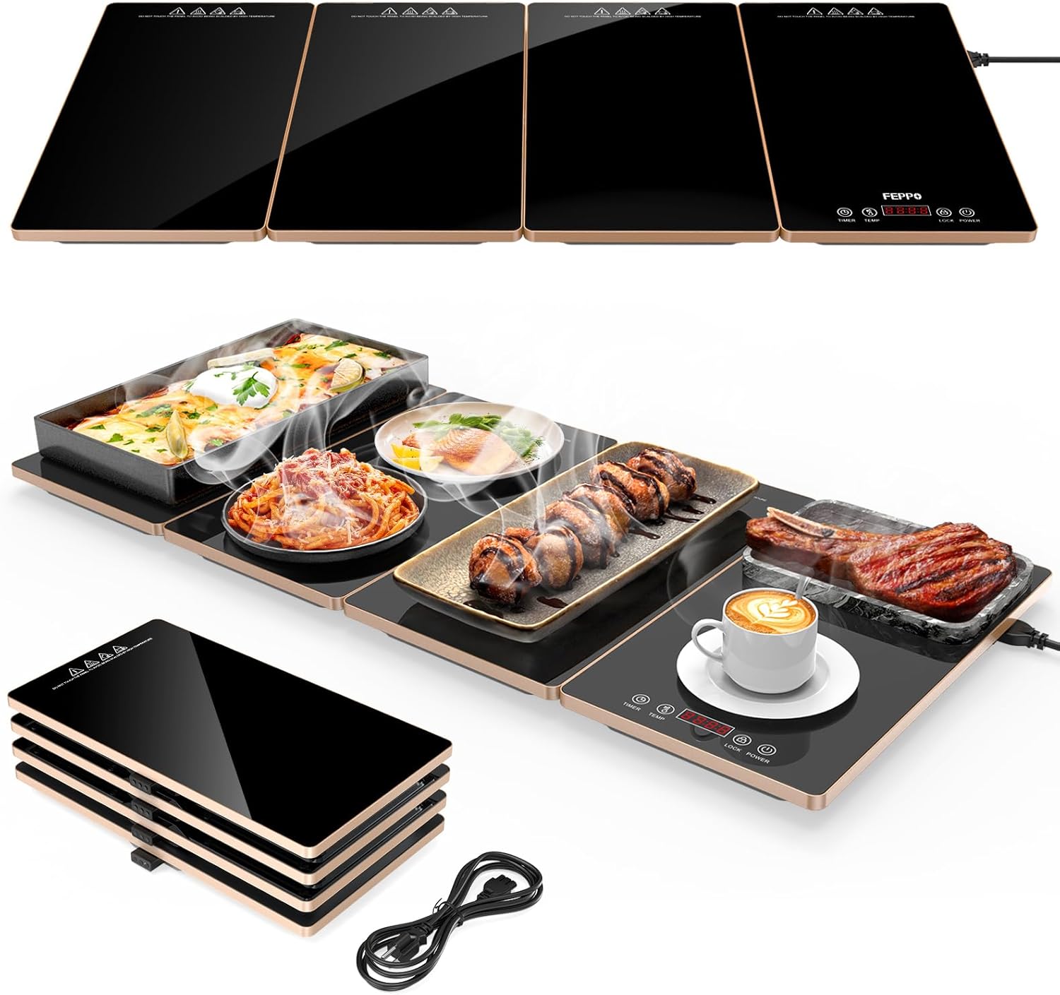 FEPPO Bandeja de calentamiento eléctrica, calentadores de alimentos 4 en 1 para fiestas, buffet con 10 ajustes de temperatura