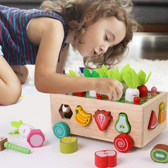 Montessori multifunción huerto Juguete Carro Juguetes educativos de Madera 3 años niños y niñas Montessori tamaño clasificación y conteo Juego de Puzzle Zanahoria Cosecha Desarrollo Regalos