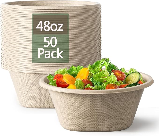 Tazones desechables para ensalada Homestockplus de 48 oz - Tazones resistentes y compostables - Fabricados con fibra de caña de azúcar 100%