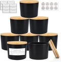 CONNOO Paquete de 8 tarros de vidrio negro de 12 onzas con boca ancha para hacer velas con tapas de bambú herméticas, bonitas etiquetas adhesivas de advertencia para la fabricación de velas