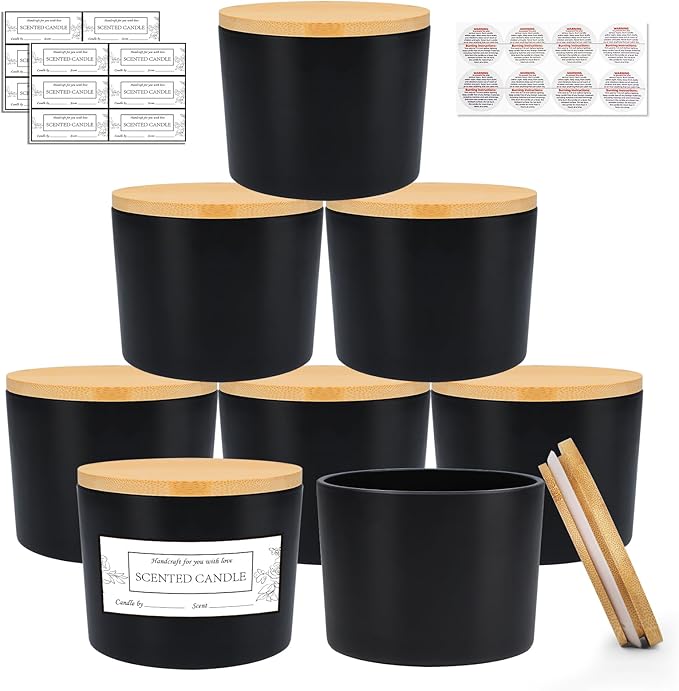 CONNOO Paquete de 8 tarros de vidrio negro de 12 onzas con boca ancha para hacer velas con tapas de bambú herméticas, bonitas etiquetas adhesivas de advertencia para la fabricación de velas
