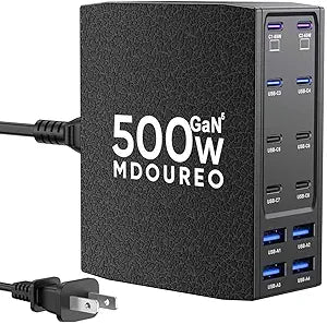 Estación de Carga USB-C 500W 12 Puertos – Carga Rápida PD 65W para MacBook, iPad, iPhone, Galaxy y Más, Color Negro