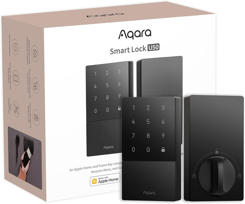 Cerradura inteligente Aqara U50, cerradura de puerta sin llave con Apple Home Key, cerradura de seguridad Bluetooth, control remoto por aplicación, compatible con Apple HomeKit, Matter, Google Home, Alexa, IFTTT, color negro.