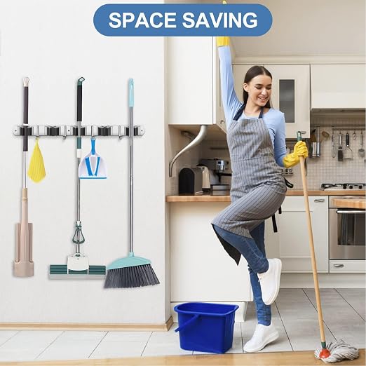 Soporte de metal resistente para escobas y fregonas, a prueba de óxido, 5 estantes, 4 ganchos, acero inoxidable 304 resistente, colgador de escobas que ahorra espacio, montaje en pared, estantes utilitarios de fácil instalación.