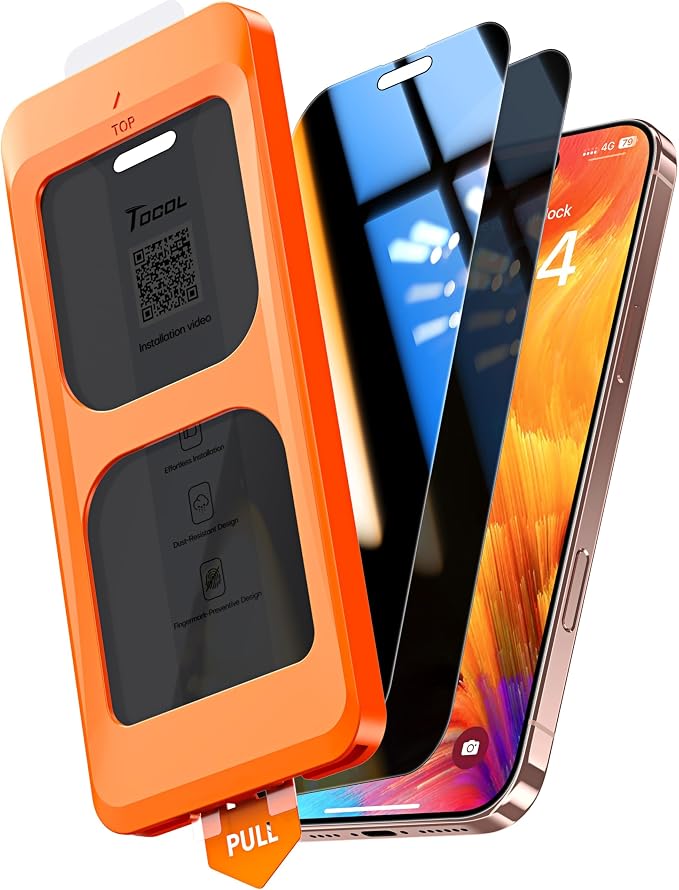 TOCOL Protector de pantalla de privacidad para iPhone 16 Pro de 6.3 pulgadas, verdadero 25°, anti espía 9H+, vidrio templado de dureza para cobertura completa, fácil instalación
