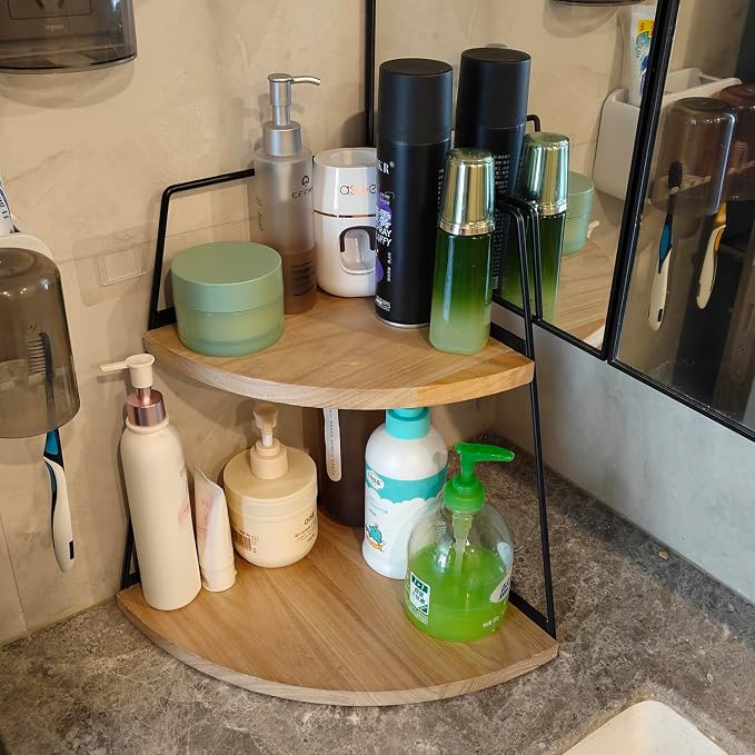 Organizador de encimera de baño de 2 niveles, soporte para cosméticos, organizador de baño de madera, organizador de tocador, bandeja de encimera de baño, para baño, dormitorio (color de tronco)