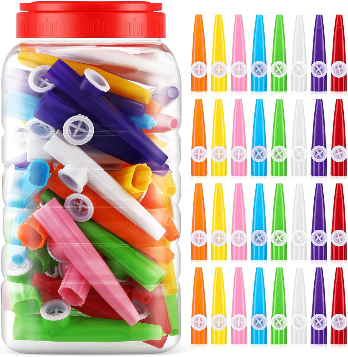 Kazoos de Plástico Jenaai | Pack 50 Unidades | 8 Colores | Instrumento Musical para Niños | Regalos de Fiesta | 1 Pack