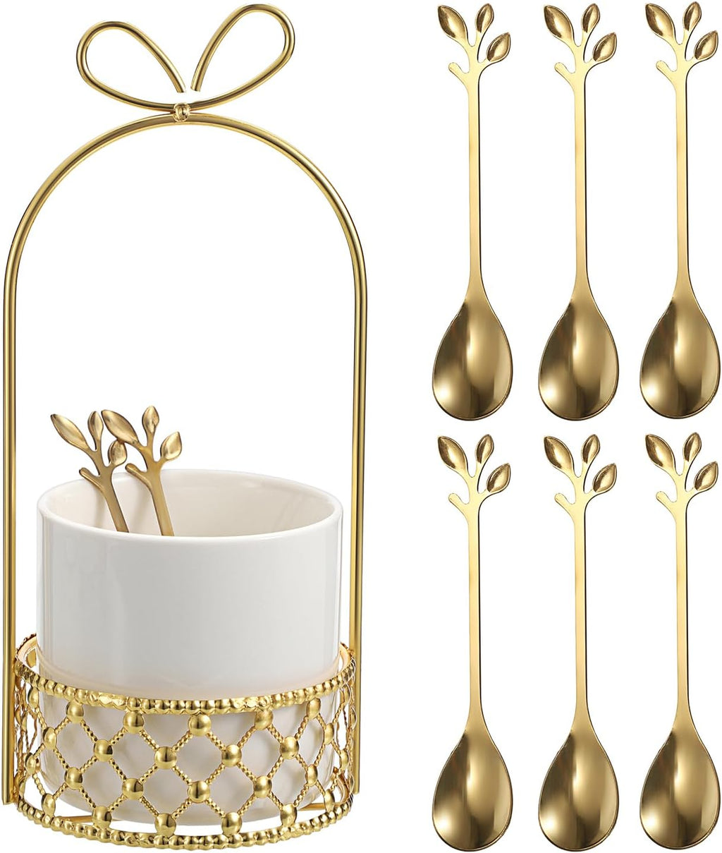 Juego de cucharas de café ELLDOO, soporte de cerámica blanca con 8 cucharas de café de acero inoxidable con detalles en pan de oro, juego de cubiertos creativos para remover, mezclar, azúcar, helado, pastel (8 cucharas)