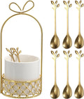 Juego de cucharas de café ELLDOO, soporte de cerámica blanca con 8 cucharas de café de acero inoxidable con detalles en pan de oro, juego de cubiertos creativos para remover, mezclar, azúcar, helado, pastel (8 cucharas)