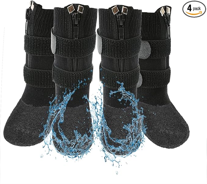 VALFRID Zapatos de perro con agarre impermeable, botas antideslizantes para perros, botas con cremallera para perros, protectores de patas para suelos de madera dura, interiores y exteriores, para perros pequeños, medianos y grandes, color negro
