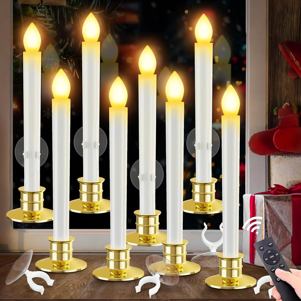 HINZER 8PCS Christmas Window Candles with Timer Remote Battery Operated Candles with Suction Cups LED Lights Christmas Decorations Electric Flickering Window Lights for Home Decor