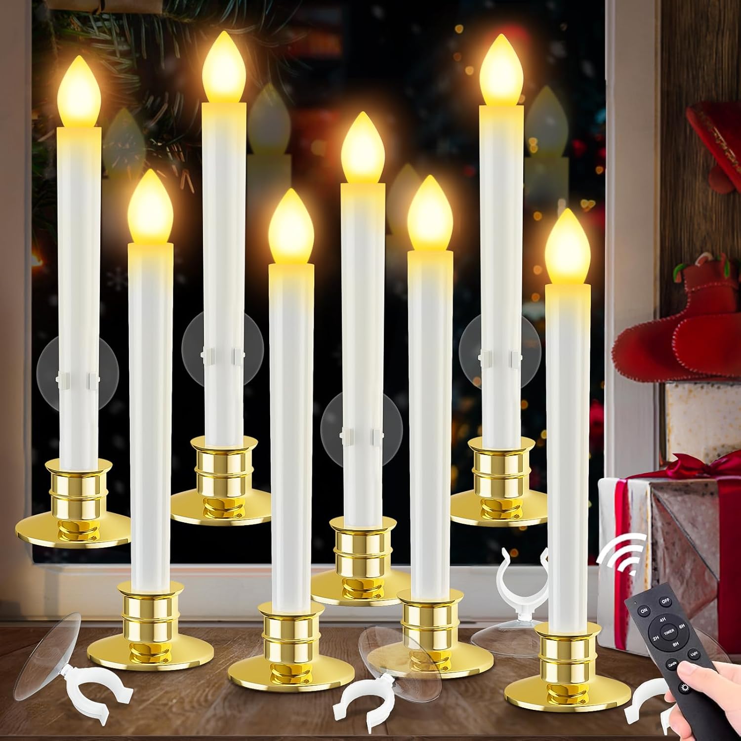 HINZER 8PCS Christmas Window Candles with Timer Remote Battery Operated Candles with Suction Cups LED Lights Christmas Decorations Electric Flickering Window Lights for Home Decor